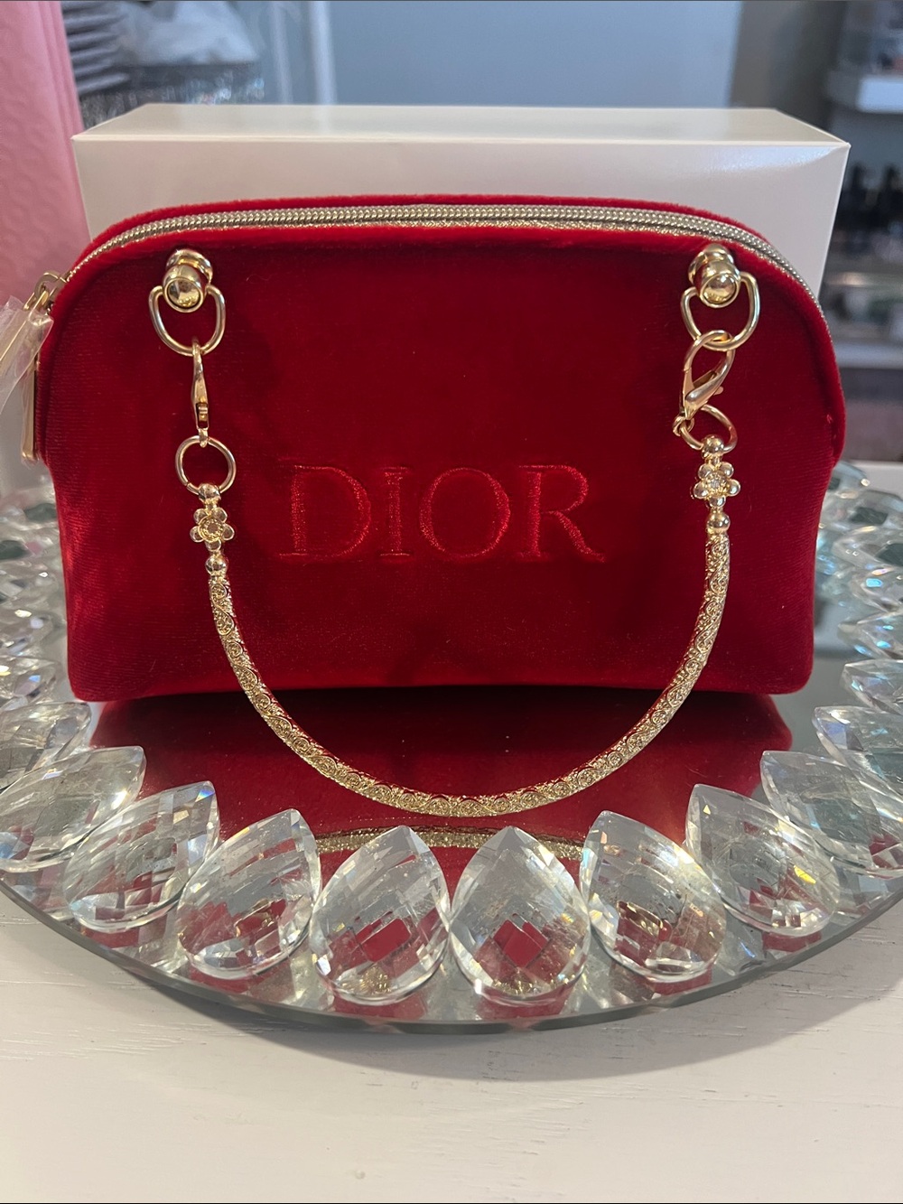 DIOR Red Velvet Pouch with Gold Handles